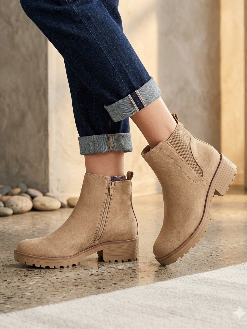 Sun + Stone Veronikaa Ankle Booties Suede Lug Sole Tan Beige NWOT Size 8